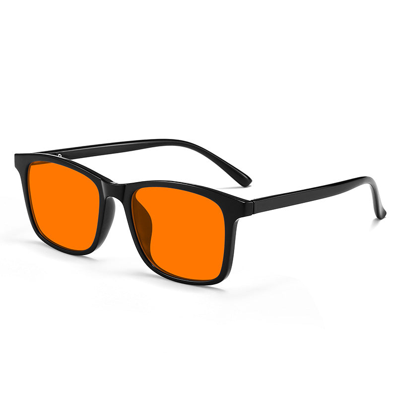 Red-Lens Evening Glasses, Black · Square frame, Orange lens